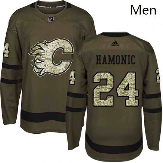 Mens Adidas Calgary Flames 24 Travis Hamonic Authentic Green Salute to Service NHL Jersey